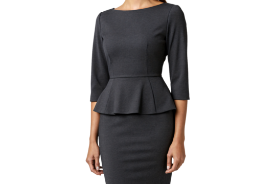 Dark gray business dress with structured peplum waist and modest three-quarter sleeve design, isolated on a transparent background - Powered by Adobe