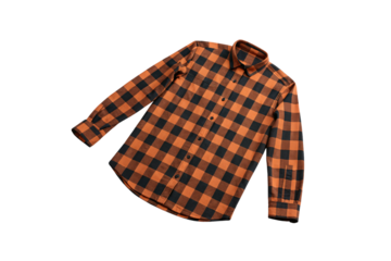 Orange and black checkered flannel shirt with long sleeves and button front, isolated on a transparent background