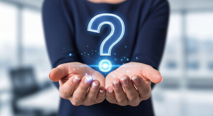 Woman holding a glowing question mark in her hand. FAQ and support concept for online assistance or problem solving.
