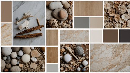 Mood board showcases a natural and calming aesthetic, primarily using earthy tones and organic textures