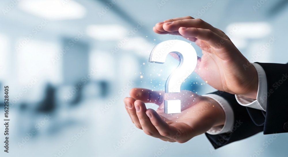 Poster man holding a glowing question mark symbol in his hands. concept of solution search, common question