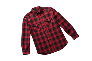 Red and black gingham flannel shirt with western styling and dual chest pockets, isolated on a transparent background