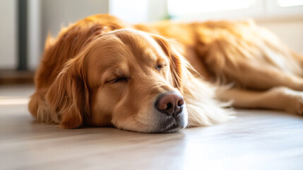 Golden Retriever lying tired on floor after exercise. Relaxed expression, warm indoor light, horizontal crop