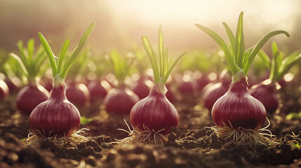 harvest of onions in field, ripe red onions in field in sunlight, generative ai