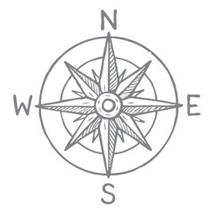 Compass wind rose with quirky line art style, perfect for adventure illustrations and boho designs