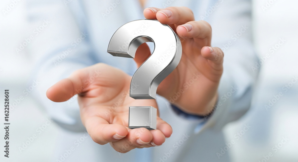 Poster woman holding 3d rendering of shiny silver question mark symbol. business communication helpdesk and