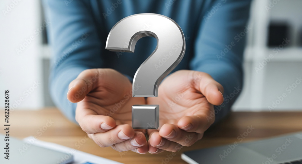 Poster a man holding a large question mark with hands. concept of problem, query, support, help, solution, 
