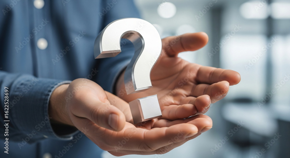 Poster man holding a question mark. faq and question concept. support and unknown problem. business process