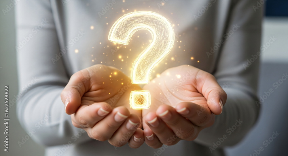 Poster woman holding a shimmering golden light question mark in her cupped hands. concept of asking questio