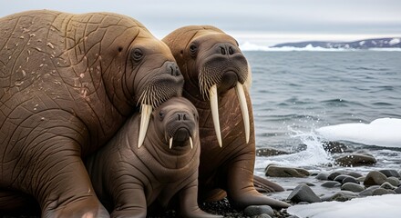 Close up of walrus calf with parents (Odobenus rosmarus) on shores of Arctic Ocean, Northeastern Russia. 
