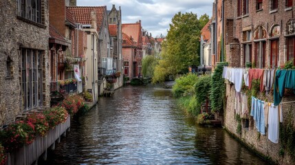 Fototapeta premium Serene Canal Scene with Laundry Hanging Between Historic Buildings