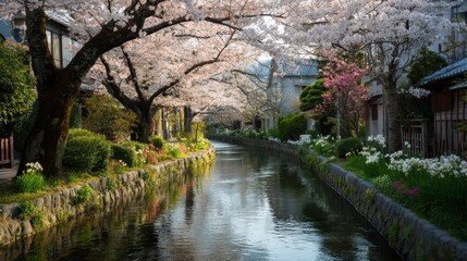 Serene Canal Bordered by Cherry Blossoms in Vibrant Springtime Display
