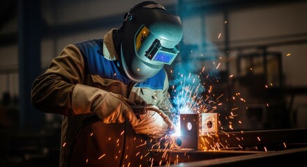 Protective masked worker joining steel parts amid vivid welding sparks.