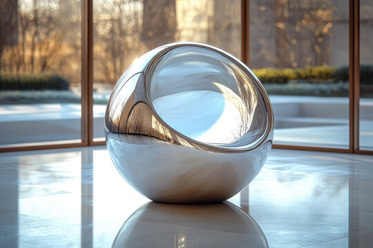 Shiny silver sphere on shiny white floor.