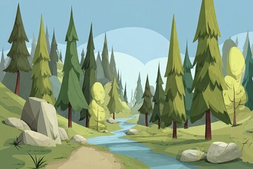 Forest scene with a meandering stream.
