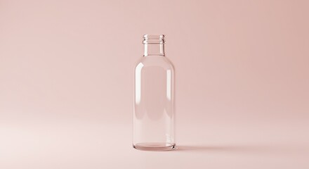 Clear glass bottle on a light pink background.