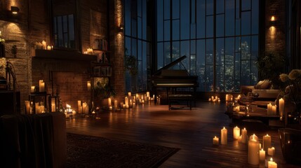 Fototapeta premium Peaceful Room with Lit Candles and Jazz Ambiance at Night