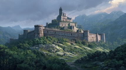 Fototapeta premium Majestic Castle Surrounded by Fortified Stone Walls in Nature