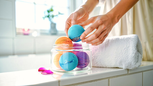 A woman's hands choosing a colorful bath bomb for a spa relaxation ritual in a bright bathroom. The concept of self-care, beauty, and aromatherapy for wellness and skincare.