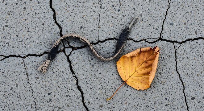 A lost shoelace and a fallen yellow autumn leaf on cracked grey pavement.