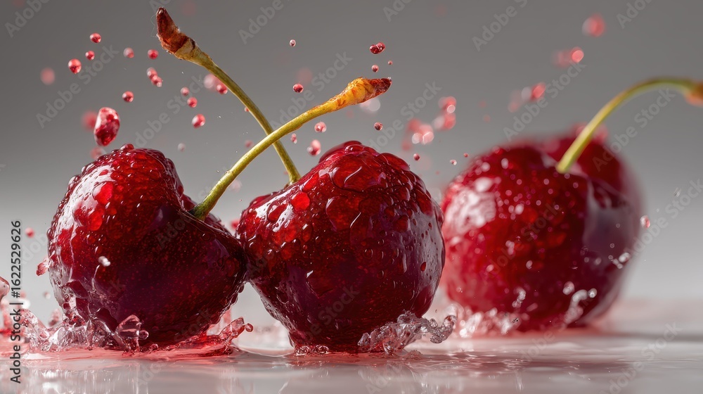 Poster fresh cherries exploding into red splash with droplets in motion