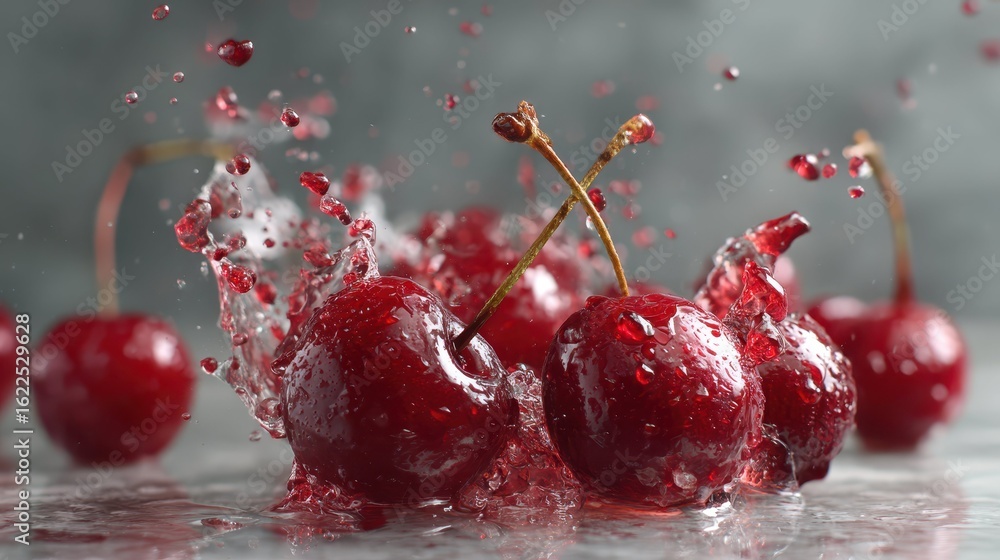 Aufkleber cherries splashed with water droplets in a dynamic red explosion