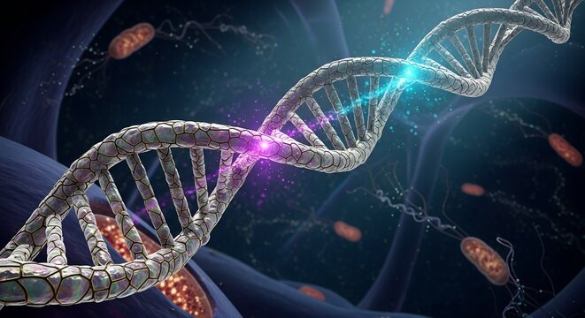 A stunning microscopic view shows a glowing DNA double helix in a dynamic biological environment, illustrating the marvels of genetics.