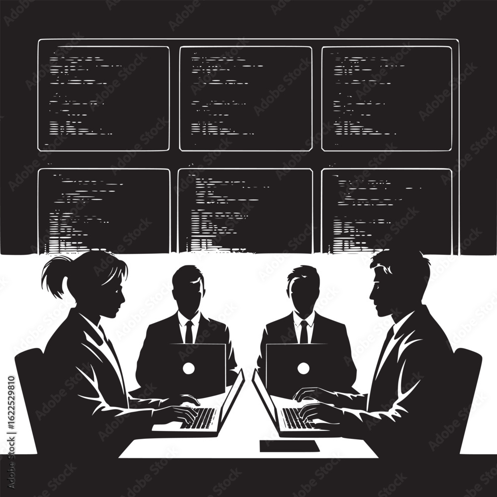 Aufkleber silhouetted team working on laptops with code screens in a dark room environment in monochrome style