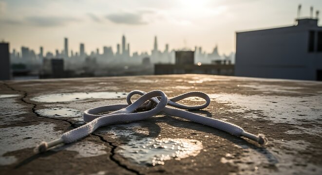 A jump rope rests on a cracked urban rooftop with a hazy city skyline in the background. - Powered by Adobe