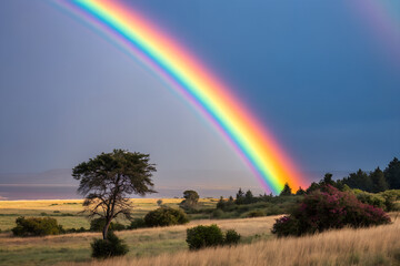 Vibrant rainbow with trees, a symbol of hope and natural beauty