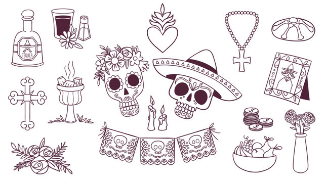 Mexican D&iacute;a de Muertos doodle set. Cute hand-drawn line art clipart. Perfect for surface designs, party invitations, prints, and crafting projects. Vector illustration.