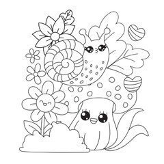 Snail coloring book with cute mushrooms and flowers. Coloring pages for kids with black pen. Vector printable worksheets for preschoolers.