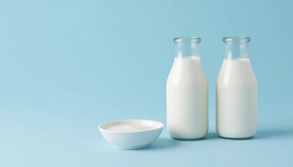 Fresh milk in glass bottles and bowl on blue background with soft light