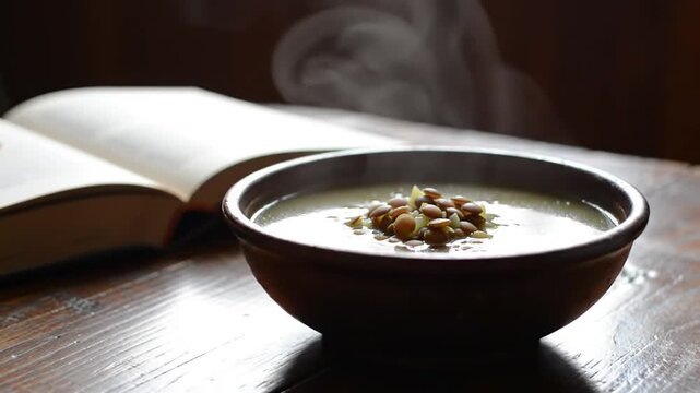 Steaming lentil soup in earthenware bowl beside open book on wood table, with shallow depth of field