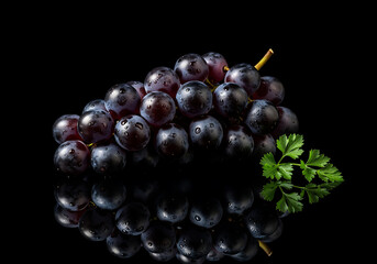 Grapes Glisten with Parsley Sprig on Dark Reflective Surface