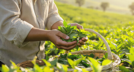 Fresh green tea leaves being picked by hands in sunlit tea plantation with woven basket