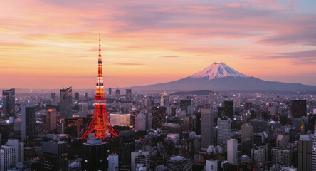 Obraz premium Panoramic cityscape view of Tokyo with illuminated tower and Mount Fuji at sunset