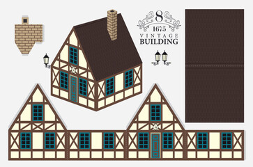 Old building model in classic European German or Bavarian style with tiled roof. Vector paper cutout mockup sets. Cute old vintage Christmas toy house. No AI used