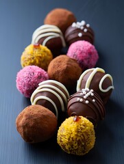 Assorted Chocolate Truffles on Dark Wooden Surface