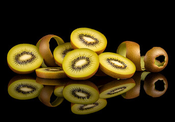 Golden Kiwi Slices Reflect on Polished Black Backdrop