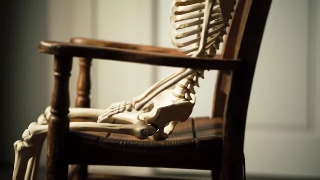 Skeleton sitting on a wooden chair
