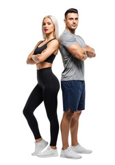 A confident and athletic fitness couple stands back-to-back in gym wear, an ideal image as a Background Transparent PNG.