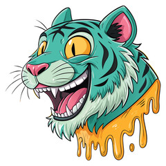 Cartoon teal tiger head with dripping gold collar isolated on white background