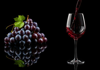 Red Wine Pours Beside Grapes on Black Reflective Surface