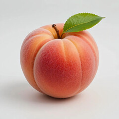 Close-up of a Fresh Peach with Green Leaf on White Background