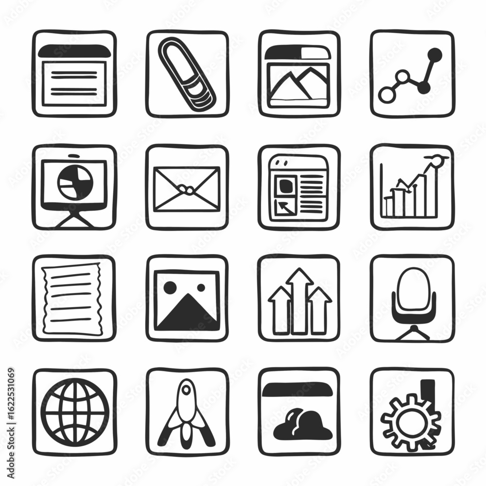 Aufkleber minimilist collection of sixteen hand drawn style icons representing various concepts and symbols in