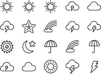 Collection of minimal black line weather icons arranged in a grid cloud lightning