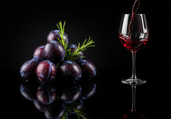 Wine Pours Beside Plums with Rosemary on Black Reflective Surface