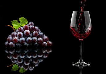 Red Wine Pours Beside Grapes on Black Reflective Surface