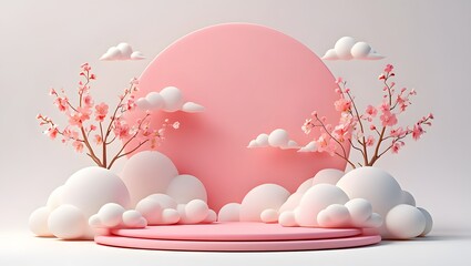Whimsical Pink Stage with Cherry Blossoms and Clouds